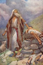Det Gamle Testamente: Abraham og Isak (farvelitografi)