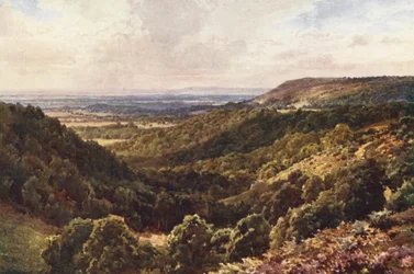 Fra bakkerne over Peaslake, nær Gomshall (farvelitografi)