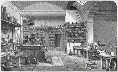 Michael Faraday (1791-1867) i sit kælderlaboratorium, fra Henry Bence Jones 
