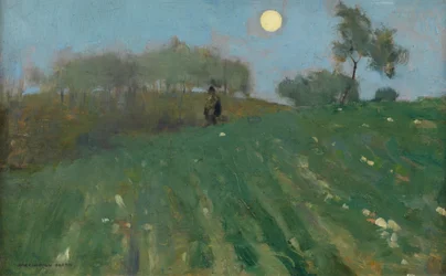 Ud på spadseretur, fuldmåne (olie på panel)