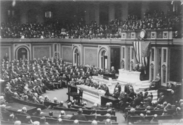 Præsident Woodrow Wilson taler til Kongressen, ca. 1917 (s/h-foto)