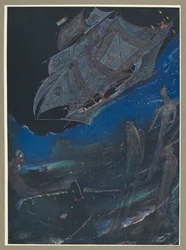 En illustration, der viser et skib på havet og fisk under det.