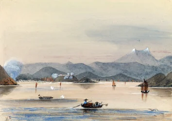 "HMS Tribune finder vej på Chuenpee-floden i Canton (Kina) med robåde og kinesiske junker.