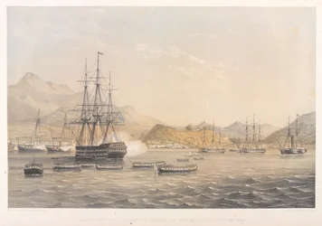 Briternes indtagelse af øen Chusan, 5. juli 1840 (farvet litografi)