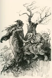 Alice Brown og hendes mor. "Efter et kvarters gang vovede den gamle kone, udmattet og forpustet, at holde i sine skørter; men hun vovede ikke mere, og de rejste videre i tavshed gennem vådt og mulm." Illustration af Harry Furni