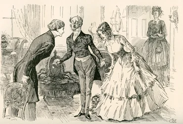 David møder Dora og Miss Murdstone. "Mr. Copperfield, min datter Dora og min datter Doras fortrolige veninde, Miss Murdstone!". Illustration af Harry Furniss til Charles Dickens-romanen David Copperfield, fra The Testimonial Edition, udgivet 19.