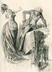 Edith og Mr. Carker. "Han kom lystigt imod hende, da hun på et øjeblik greb kniven op fra bordet og begyndte et skridt tilbage. "Stå stille," sagde hun, "eller jeg myrder dig!" Illustration af Harry Furniss for Charles Dickens roman