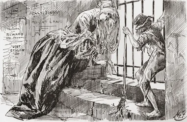Lady Dedlock og Jo. "Han blev sat der," siger Jo, holder sig til stængerne og kigger ind, mens Lady Dedlock krymper ind i et hjørne. Illustration af Harry Furniss til Charles Dickens-romanen Bleak House, fra The Testimonial Edition, udgivet 1910.