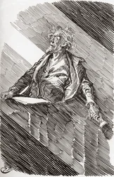 Magwitch under dødsdom. "En bred lysstråle kom ind gennem rettens store vinduer. Rejste sig et øjeblik, et tydeligt ansigtsstykke i denne lysstråle, og fangen sagde: "Min Herre, jeg har modtaget min dødsdom fra den Almægtige