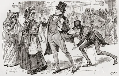 Mr. Jaggers og hans klienter. "Mr. Jaggers stoppede pludselig, og tændte på de to kvinder med sjaler og sagde: "Åh! Amelia, er det?" "Ja, hr. Jaggers." "Men for mig," svarede han, "ville du ikke være her. Sig et andet ord, og Wemmick vil give dig dine peng