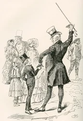 Mr. Micawber tager David med hjem. "Vi gik til vores hus sammen, hr. Micawber imponerede gadernes navne og formerne af hjørnehuse på mig, mens vi gik." Illustration af Harry Furniss til Charles Dickens-romanen David Copperfield, fra