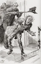 Mr. Wrayburns metode til udstødning. "Det faktum, at hr. Dolls udviste en tendens til at falde i søvn, og dermed truede med et længerevarende ophold på stedet, nødvendiggjorde kraftige foranstaltninger. Så Eugene tog sin slidte hat op med tangen, klappede 