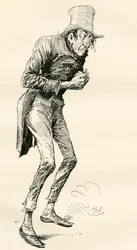 Newman Noggs. Illustration af Harry Furniss for Charles Dickens -romanen Nicholas Nickleby fra den vidnesbyrd udgave, der blev offentliggjort 1910.