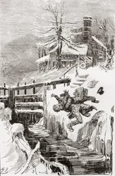 Dødskampen i slusen. "Det har jeg ikke fortalt dig." "Jeg holder dig levende, og jeg holder dig død." råbte Bradley, da Riderhood gik over den glatte grube baglæns, og Bradley Headstone over ham." Illustration af Harry Furniss til Charles Dickens-romanen