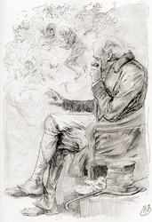 Trottys drøm. "Havde Trotty drømt? Eller er hans glæder og sorger, og skuespillerne i dem, blot en drøm; han selv en drøm; fortælleren af denne historie en drømmer, vågen men nu?" Illustration af Harry Furniss til novellen The Chimes fra The Christmas Book