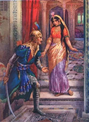 Da hun fik øje på Rama, skyndte hun sig frem. Fra Rama og Sitas eventyr, illustration fra 