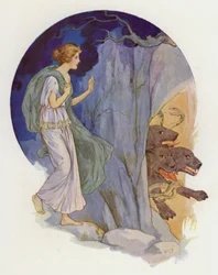 Cerberus, en frygtelig hund med tre hoveder (farvelitografi)