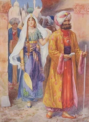 Sinbad Brings Gifts to the Caliph, illustration fra 