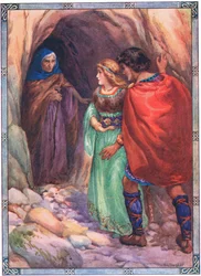 De kom til en hule ved havet (fra Diarmud og Grania) (farvelitografi)