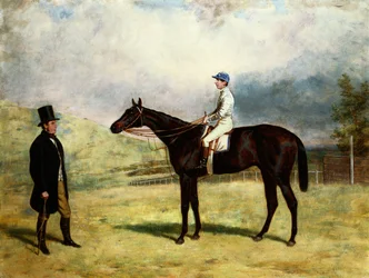 En gentleman ved sin væddeløbshest med Jockey Up on a Racecourse, 1863