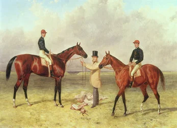 L til R Lord Lyon, vinder af Derby, St. Leger og 2.000 guineas; Elland, vinder af Ascot Gold Vase, ejet af Sir R. Sutton, trænet af James Dover, 1866