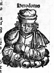 Portræt af Herodot (484 f.Kr. - 425 f.Kr.), græsk historiker. Xylografi af Hartmann Schedel "" Chronicles of Nürnberg""