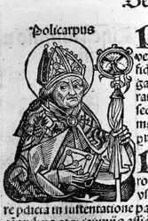 Portræt af den hellige Polycarp af Smyrna (ca. 69-155), aften. Gravering fra "" Chronicles of Nürnberg"" af Schedel Hartmann (1440-1514)