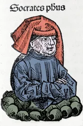 Portræt af Sokrates (470-399 f.Kr.), græsk filosof. Xylografi af "" Chronicles of Nürnberg"" af Hartmann Schedel