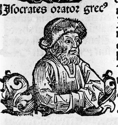 Portræt af loftshøjtaleren Isorate (436-338 f.Kr.). Xylografi af "" Chronicles of Nürnberg"" af Hartmann Schedel