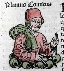 Portræt af tegneserieforfatteren Plaute (Titus Maccius Plautus) (259/251-184 f.Kr.) Xylografi af "" Chronicles of Nürnberg"" af Hartmann Schedel