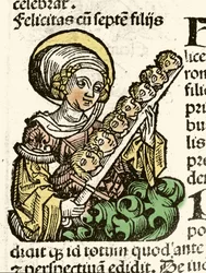Repræsentation af Saint Felicite, martyrium i Rom med hovederne af sine syv børn. xylografi af Hartmann Schedel "" Chronicles of Nürnberg""" 1493.