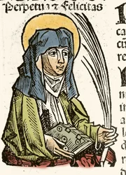 Repræsentation af Saint Perpetuus, martyrium i Kartago. xylografi af Hartmann Schedel "" Chronicles of Nürnberg"" 1493.