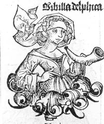 Repræsentation af Pythia af Delphi. Xilografi fra "Liber chronicarum" af Hartmann Schedel, Nürnberg 1497