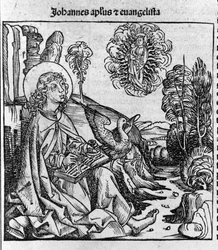 Repræsentation af evangelisten Sankt Johannes. Indgravering fra "Liber chronicarum" (Nürnberg-krøniker) af Hartmann Schedel 1493