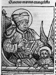 Repræsentation af evangelisten Sankt Markus. Indgravering fra "Liber chronicarum" (Nürnberg-krøniker) af Hartmann Schedel 1493