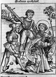 Repræsentation af evangelisten Sankt Matthæus. Indgravering fra "Liber chronicarum" (Nürnberg-krøniker) af Hartmann Schedel 1493