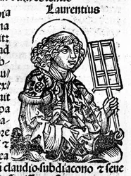 Saint Laurent holder grillen i hånden, et instrument for hans martyrium. Gravering fra "Liber Chronicarum af Hartmann Schedel"