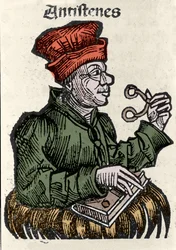 Den græske filosof Antisthene (444-365 f.Kr.). Xylografi af "" Chronicles of Nürnberg"" af Hartmann Schedel