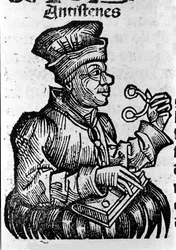 Den græske filosof Antisthene (444-365 f.Kr.). Xylografi af "" Chronicles of Nürnberg"" af Hartmann Schedel