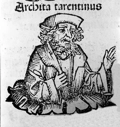 Den græske filosof Archytas af Taranto (435-347 f.Kr.) filosof Pythagorician, matematiker, astronom. Xylografi af "" Chronicles of Nürnberg"" af Hartmann Schedel