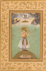 Kejser Shah Jahan stående på en globus