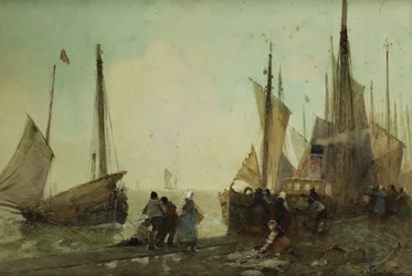 Lossning af fiskerbåde på kajen, Bretagne,