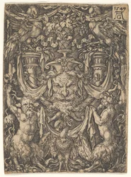 Ornamental design med en maske og en ørn mellem to fauner nedenfor, 1549.