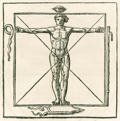 Mand på en firkant omgivet af symboler på øjet, slange, syv sektionsstav og skjold. Indgravering fra Heinrich Cornelius Agrippa von Nettesheim (1486-1535) De occulta philosophia libri tres (Three B