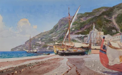 Amalfi, fiskerbåde på stranden / akvarel af H.Hermanns