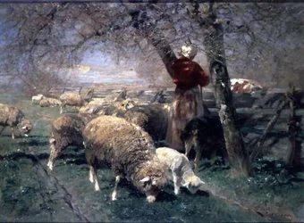 En hyrdinde og får i et landskab;