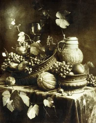 Fruit and Pottery Still Life, ca. 1900 (brunt pigment gummi bichromate print, hånd-påført akvarel var)