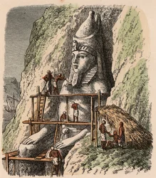 Det gamle Egypten: Udskæring af en statue af Abu Simbel-templet, 1866