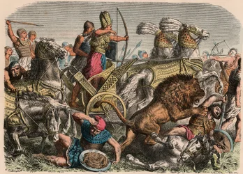 Det gamle Egypten: Farao Ramses II kæmper mod den hittitiske hærs krigsløver i Qadesh, 1274 f.Kr., 1866