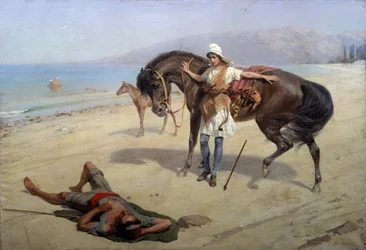 Amazon (Amazon). En amazone opdager en sovende sømand på kysten. Maleri af Heinrich Genrich Matveyevich Maniser (1847-1925), olie på lærred. Russisk kunst, det 20. århundrede. Regionalt M. Vrubel kunstmuseum, Omsk (Rusland)